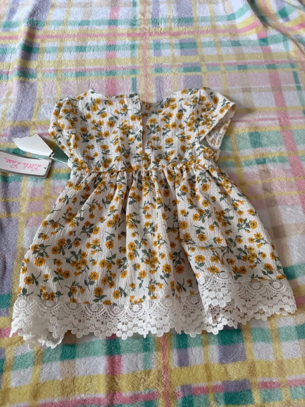 Little Lass White and Yellow Floral Lace-Hem Dress